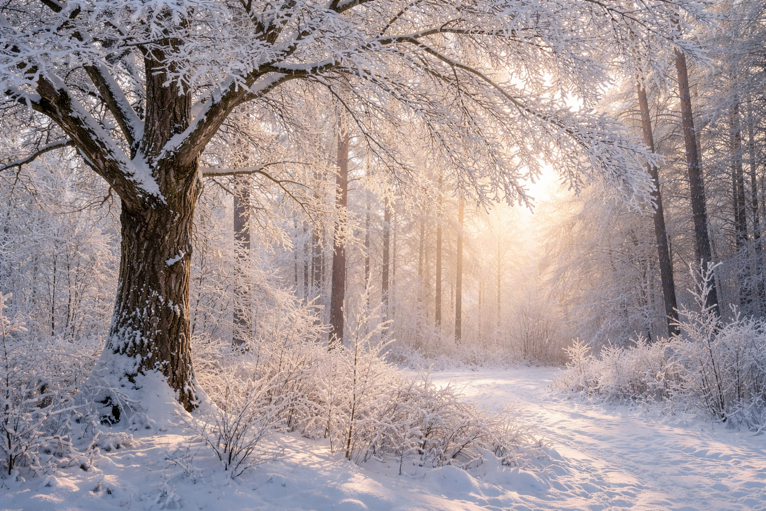 Winterlicher Wald mit schneebedeckten Bäumen und Sonnenlicht – Bäume überstehen die kalte Jahreszeit