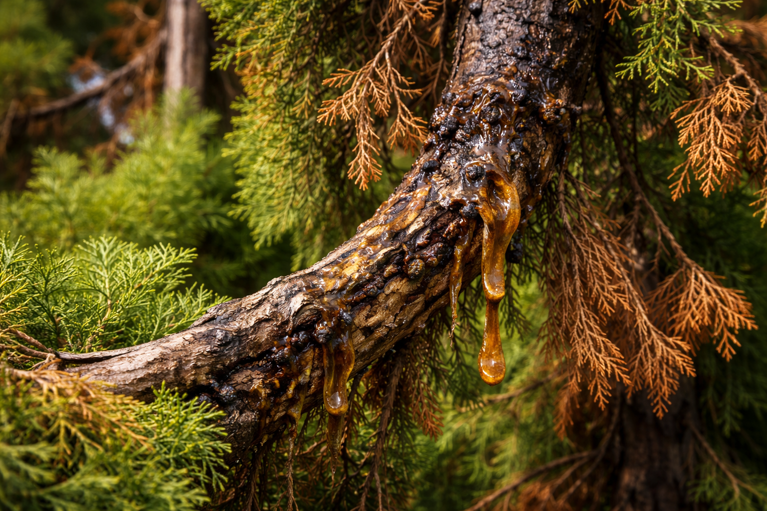 Zypressenkrebs an einer Zypresse mit Harzaustritt und Rindenschäden durch den Pilz Seiridium cardinale