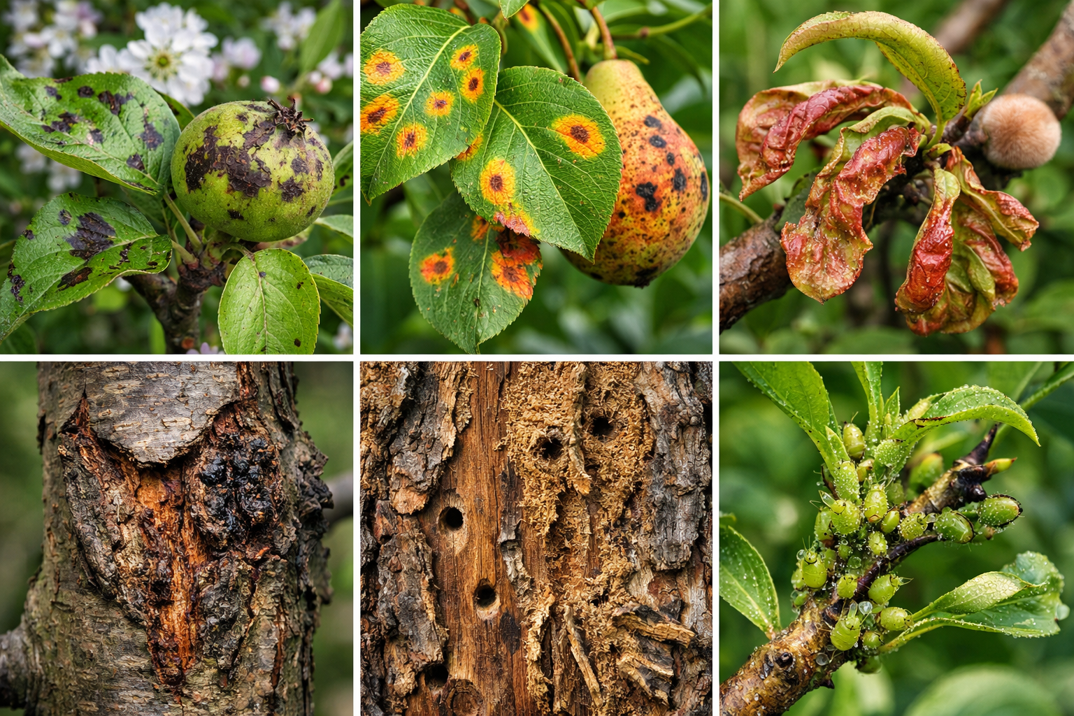 Typische Baumkrankheiten im Frühling mit Blattflecken, Pilzbefall, Baumkrebs und Blattläusen