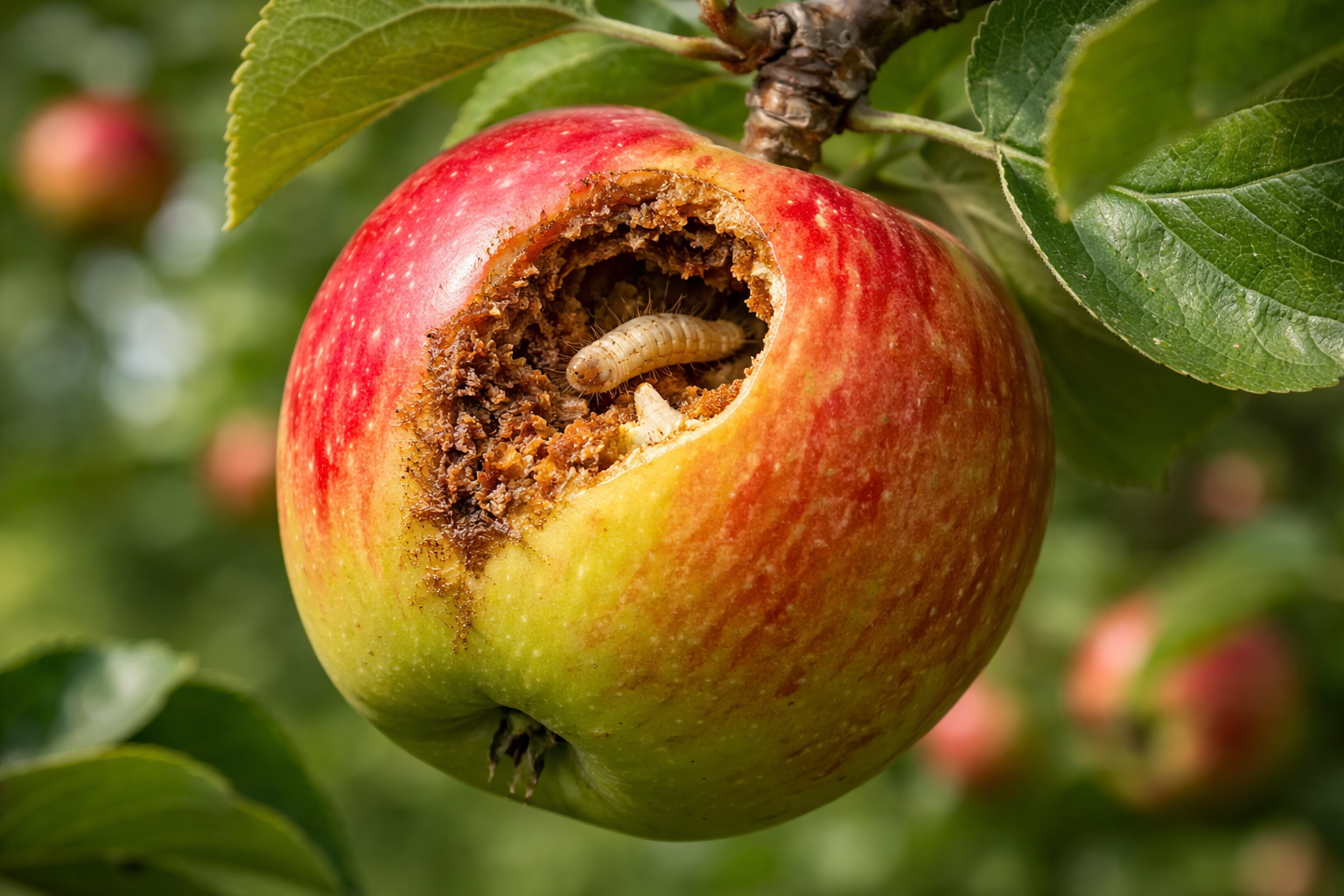 Apfelwickler Larve im Apfel – typischer Schaden durch den Apfelwickler (Cydia pomonella)