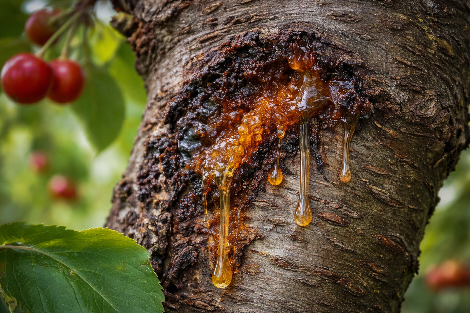 Bakterienkrebs an Kirschbaumrinde mit Gummifluss durch das Bakterium Pseudomonas syringae