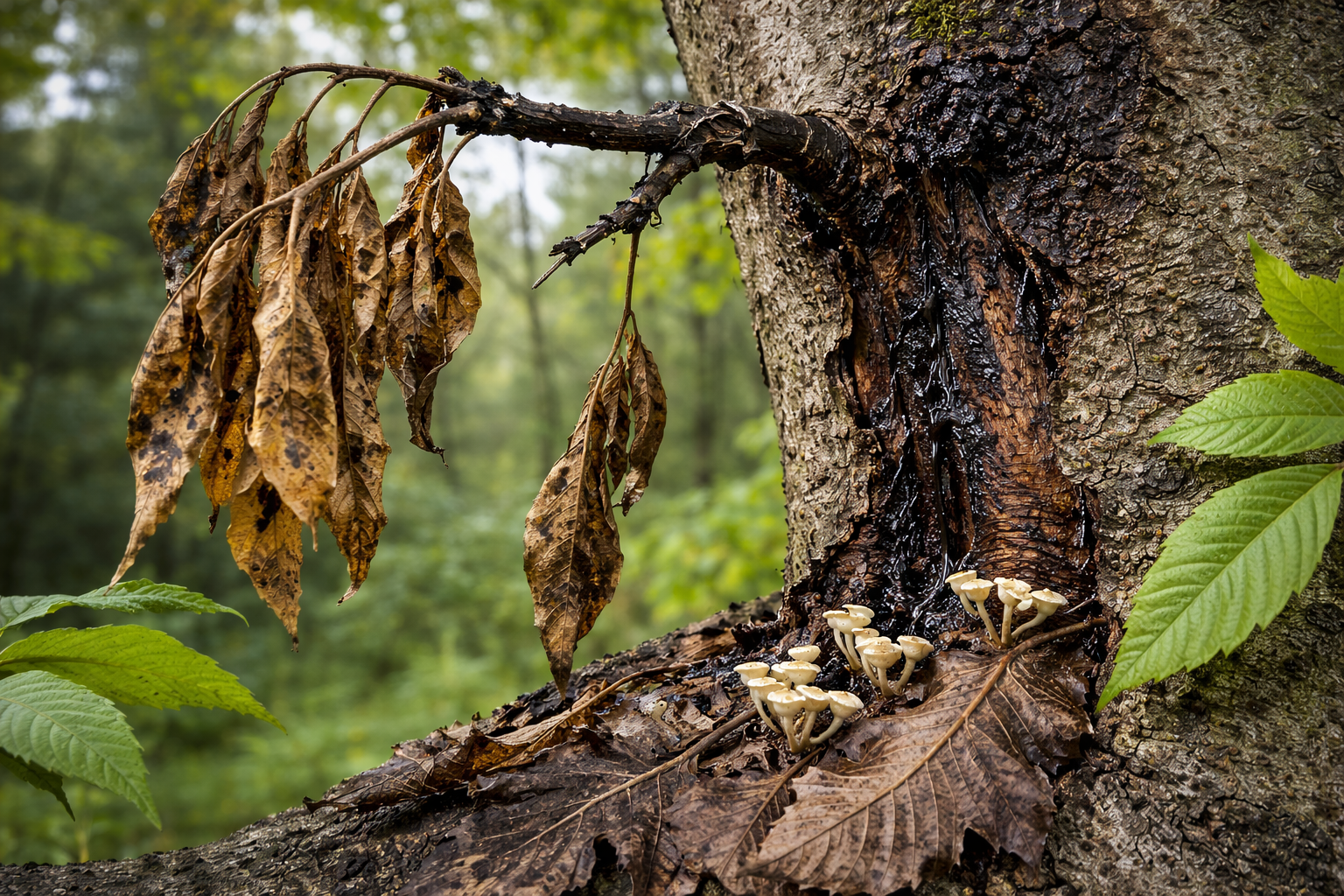 Eschenwelke an einer Esche mit abgestorbenem Ast und Rindennekrose verursacht durch den Pilz Hymenoscyphus fraxineus
