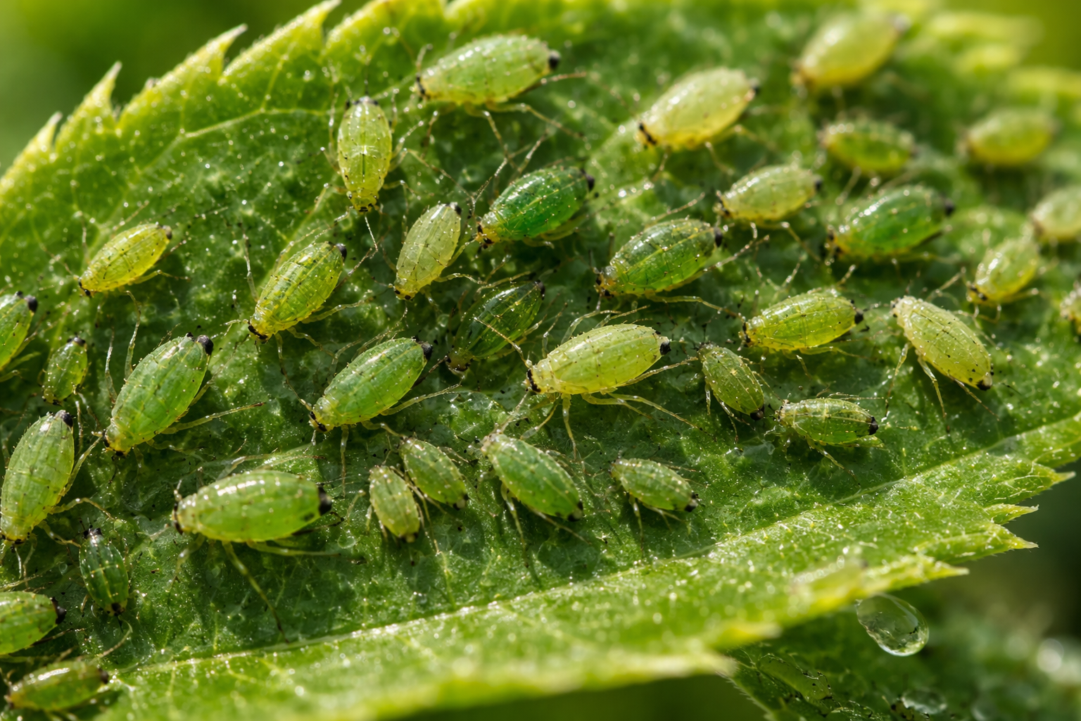 Grüne Blattläuse auf einem Blatt in Nahaufnahme – typischer Befall an Pflanzen