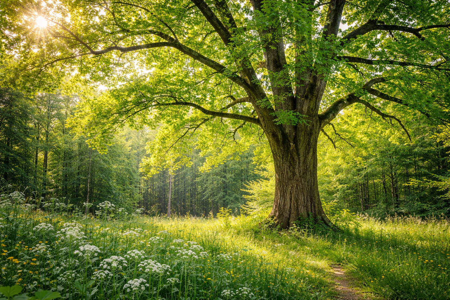Gemeine Esche (Fraxinus excelsior) mit großer Krone in einem sonnigen Wald – typischer Laubbaum Europas