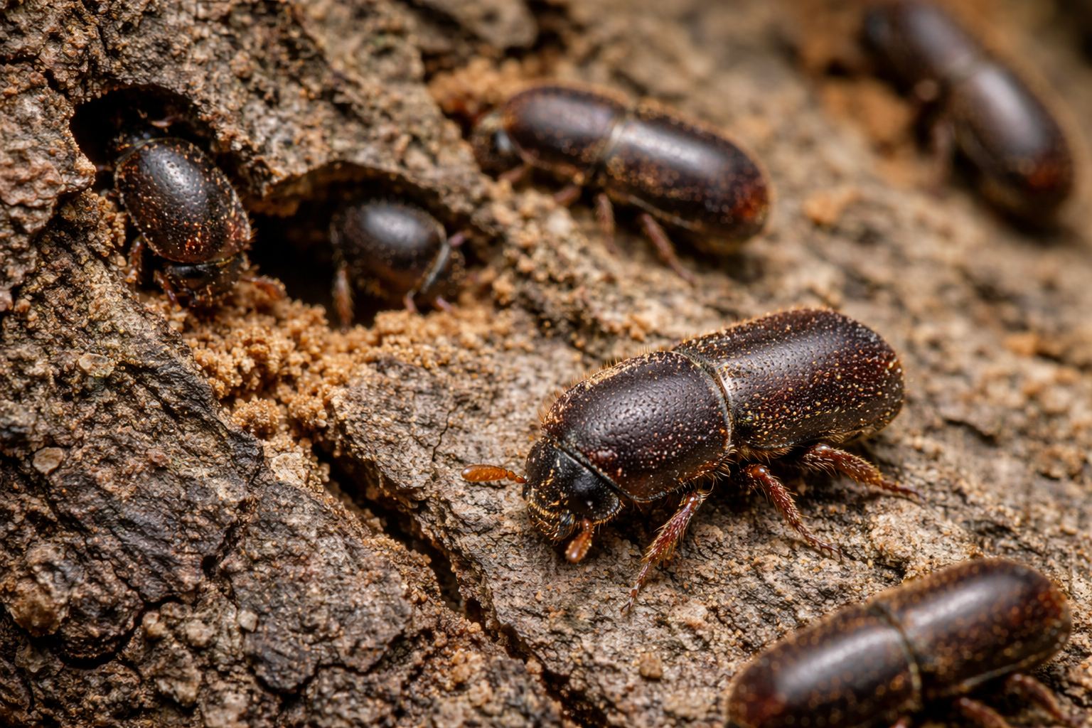 Borkenkäfer auf der Rinde eines Baumes mit Bohrlöchern und Bohrmehl