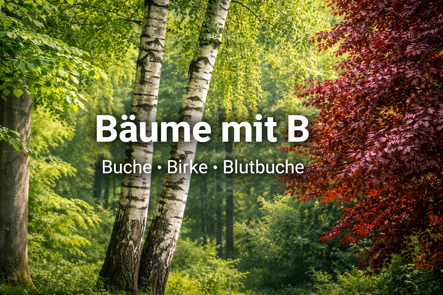Bäume mit B – Buche, Birke und Blutbuche in einer Waldszene