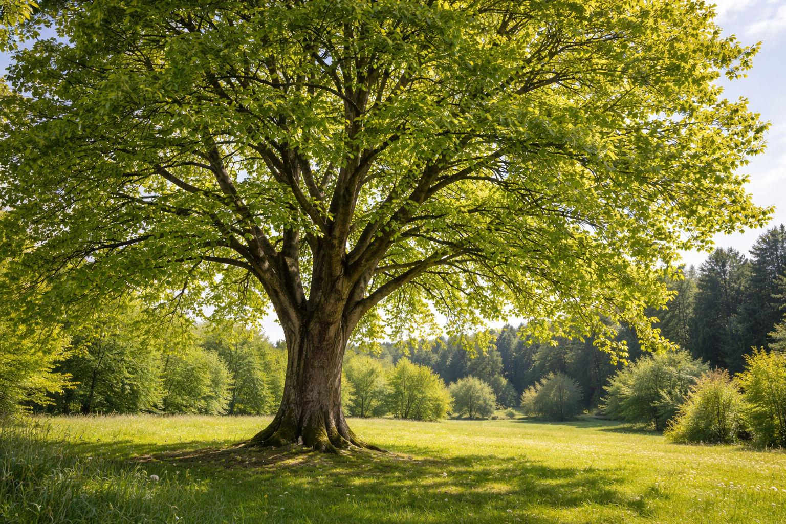 Bergahorn Baum (Acer pseudoplatanus) mit großer Krone auf einer Wiese