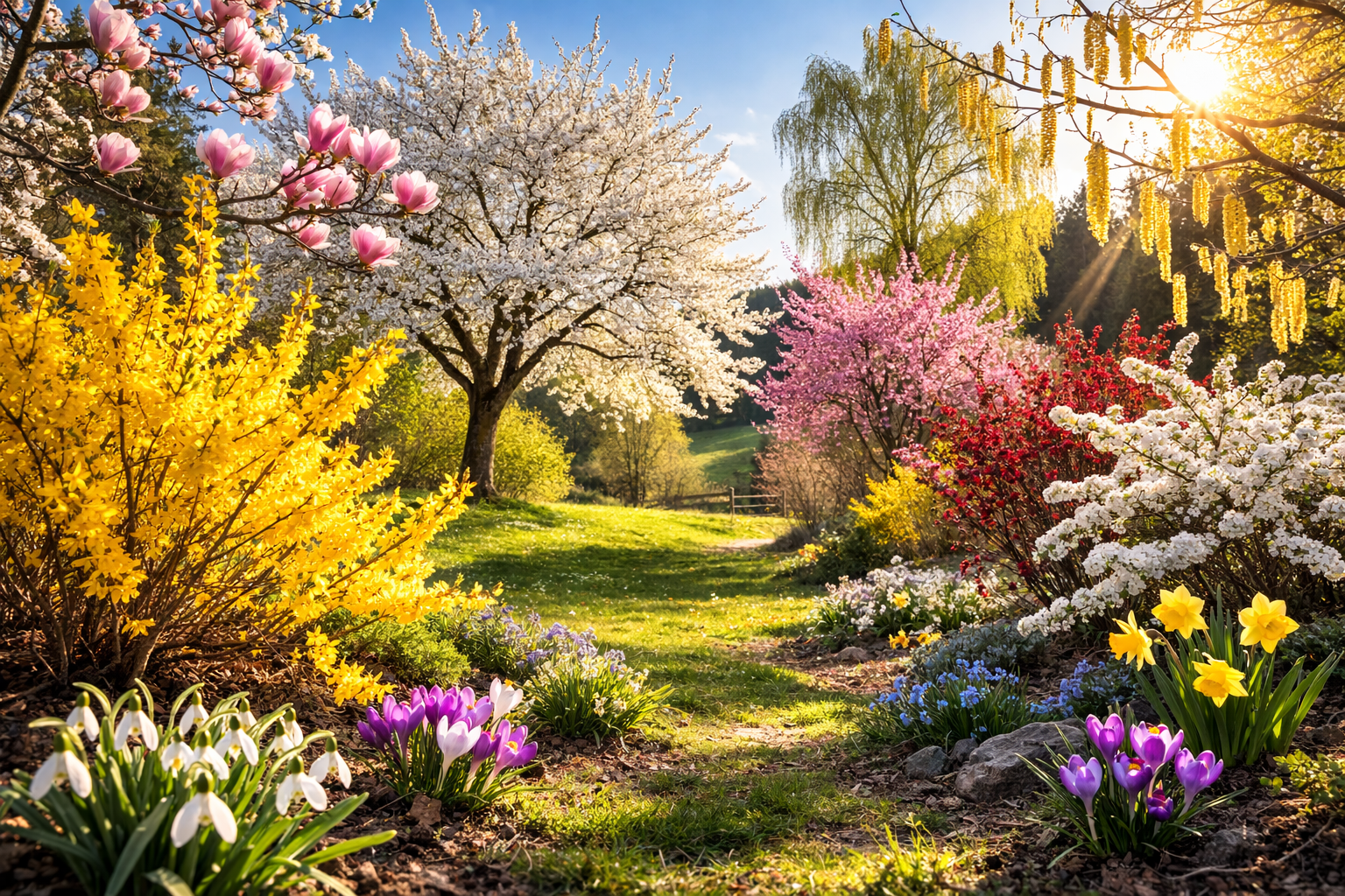 Frühblühende Sträucher und Bäume im Frühling mit Forsythie, Magnolie und blühendem Zierbaum