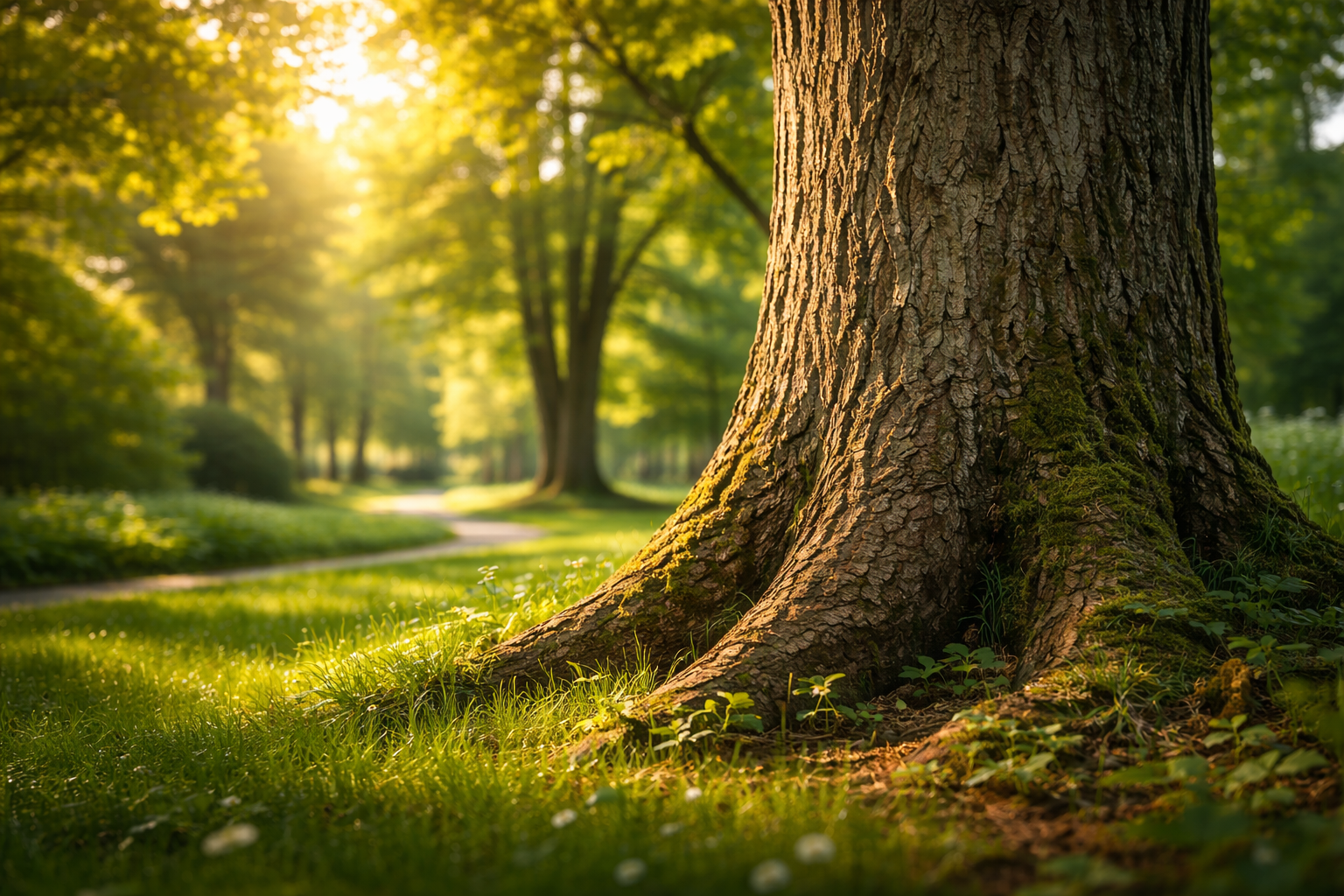 Baumstamm mit sichtbarer Rinde und Wurzelansatz in einem Park – Aufbau und Struktur eines Baumstamms