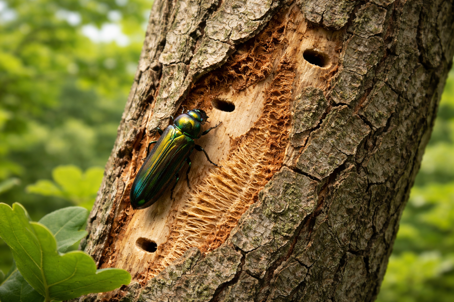Eichenprachtkäfer an Eichenstamm mit typischen D-förmigen Ausfluglöchern und Fraßgängen unter der Rinde