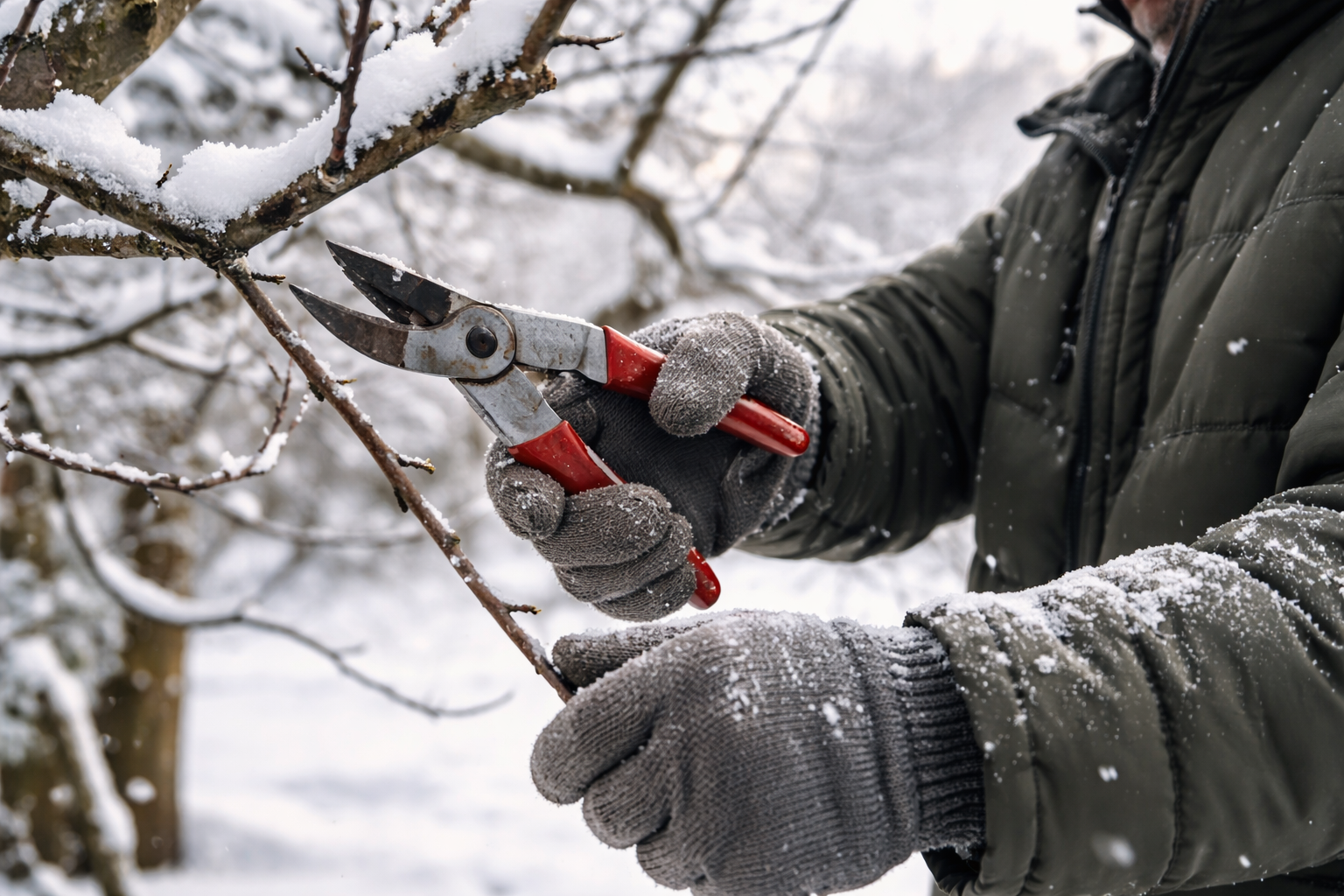 Winterschnitt an einem Apfelbaum mit Gartenschere – Obstbaumschnitt im Winter