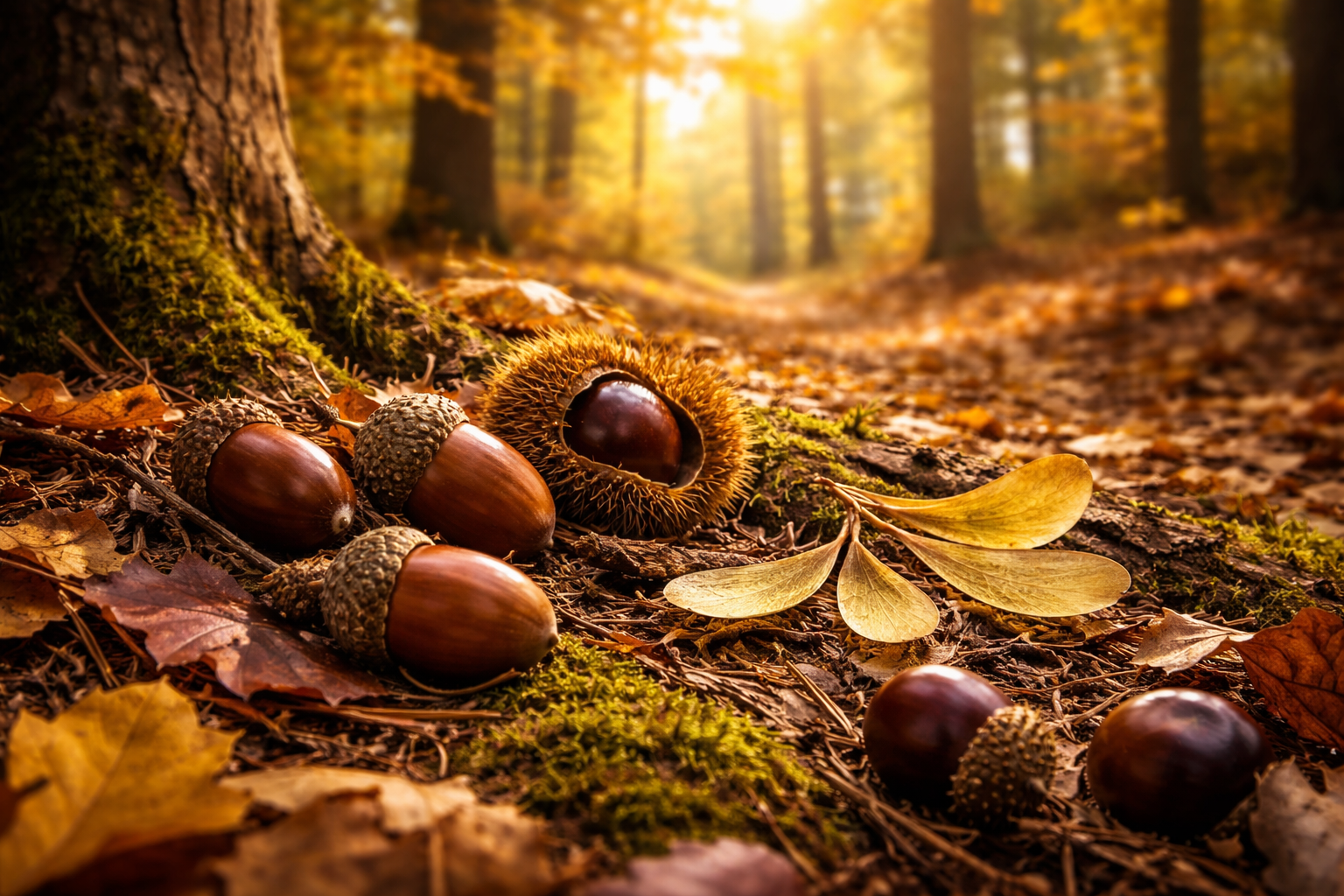 Bäume an Früchten erkennen im Herbst mit Eicheln Kastanien und Ahorn Samen auf Waldboden