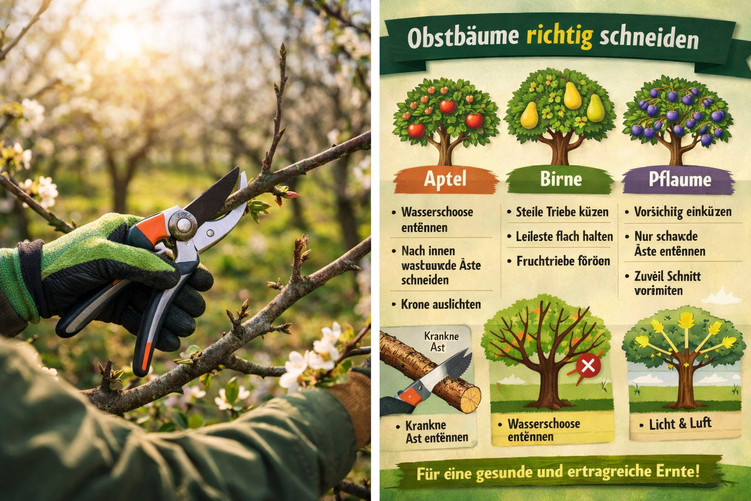Obstbaum im Frühjahr schneiden – Apfelbaum wird mit Gartenschere geschnitten