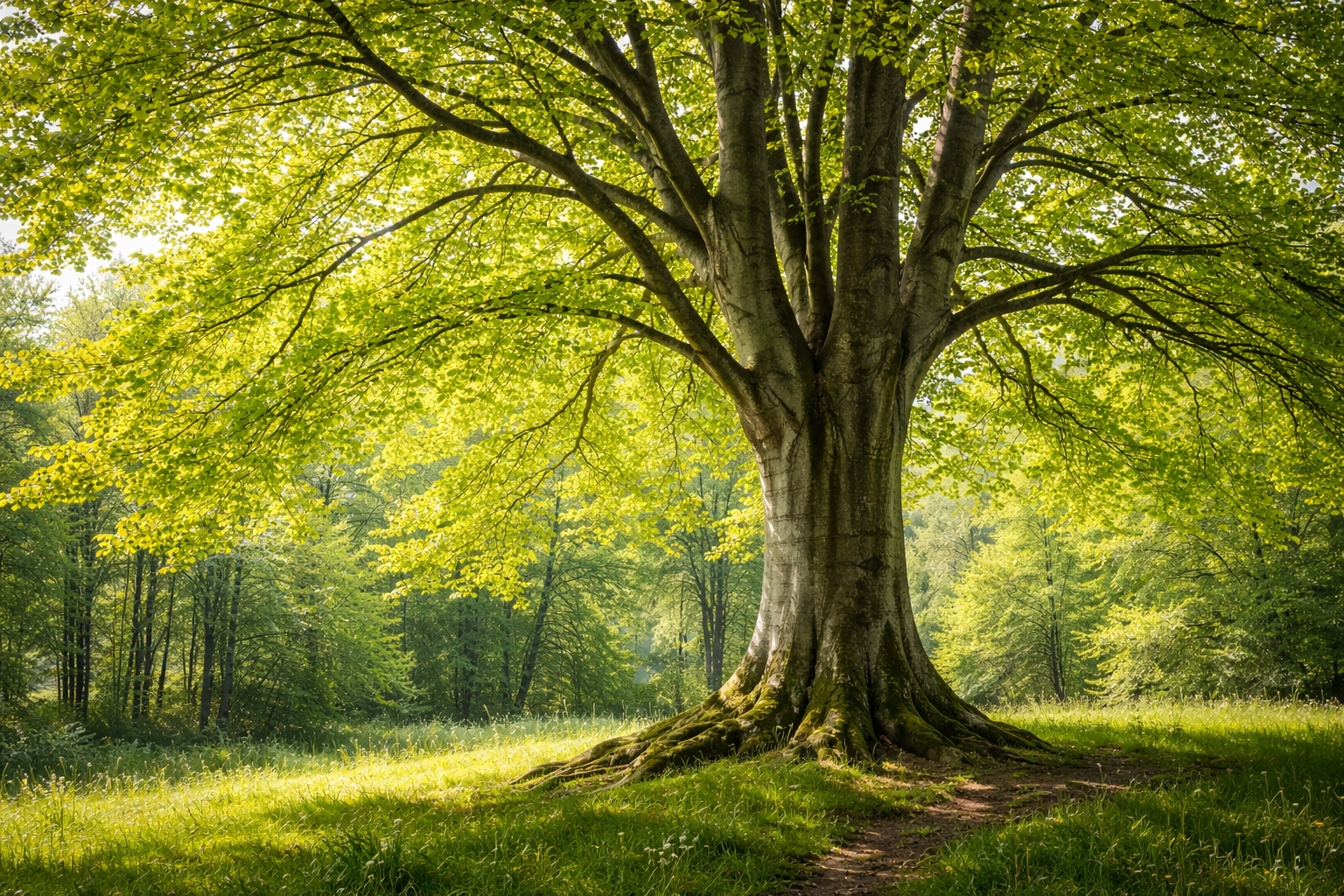 Große Rotbuche (Fagus sylvatica) mit breiter Krone und glatter grauer Rinde im Wald