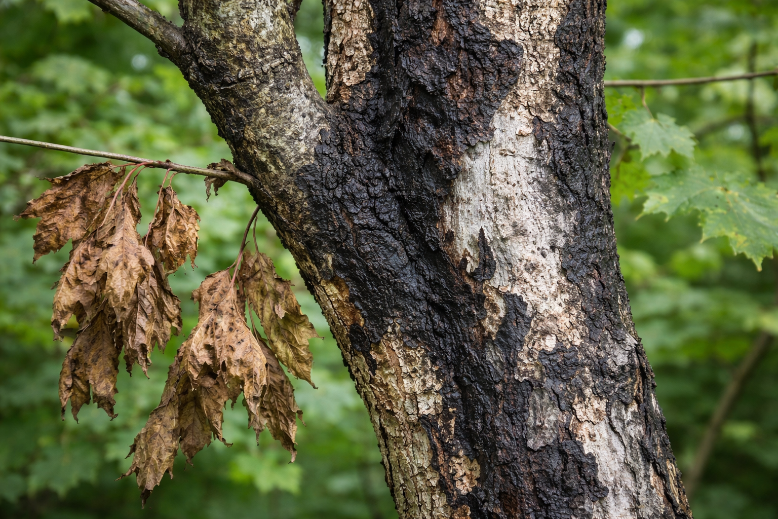 Rußrindenkrankheit am Ahornstamm mit schwarzer, abplatzender Rinde durch Cryptostroma corticale