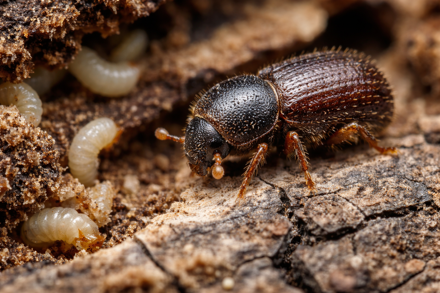 Borkenkäfer auf der Rinde einer Tanne mit sichtbaren Larven unter der Borke