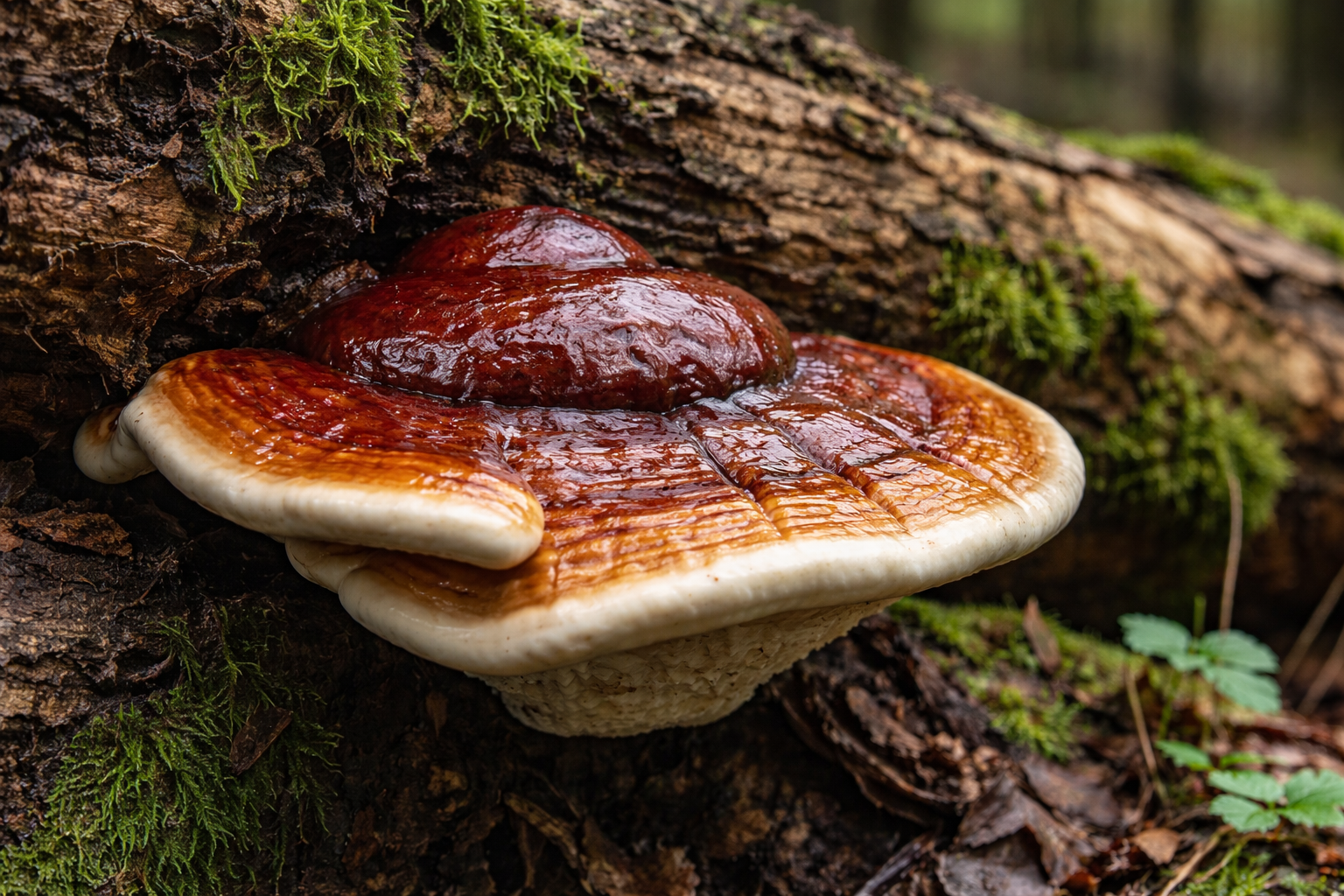 Lackporling (Ganoderma) mit glänzender rotbrauner Oberfläche an einem abgestorbenen Baumstamm