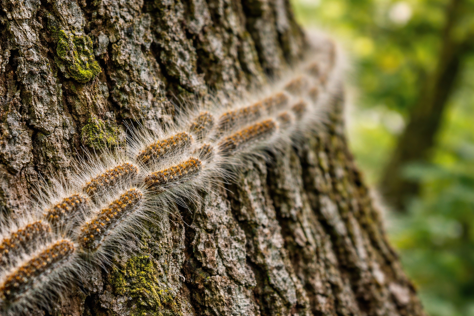 Eichenprozessionsspinner Raupen in typischer Prozession auf der Rinde einer Eiche
