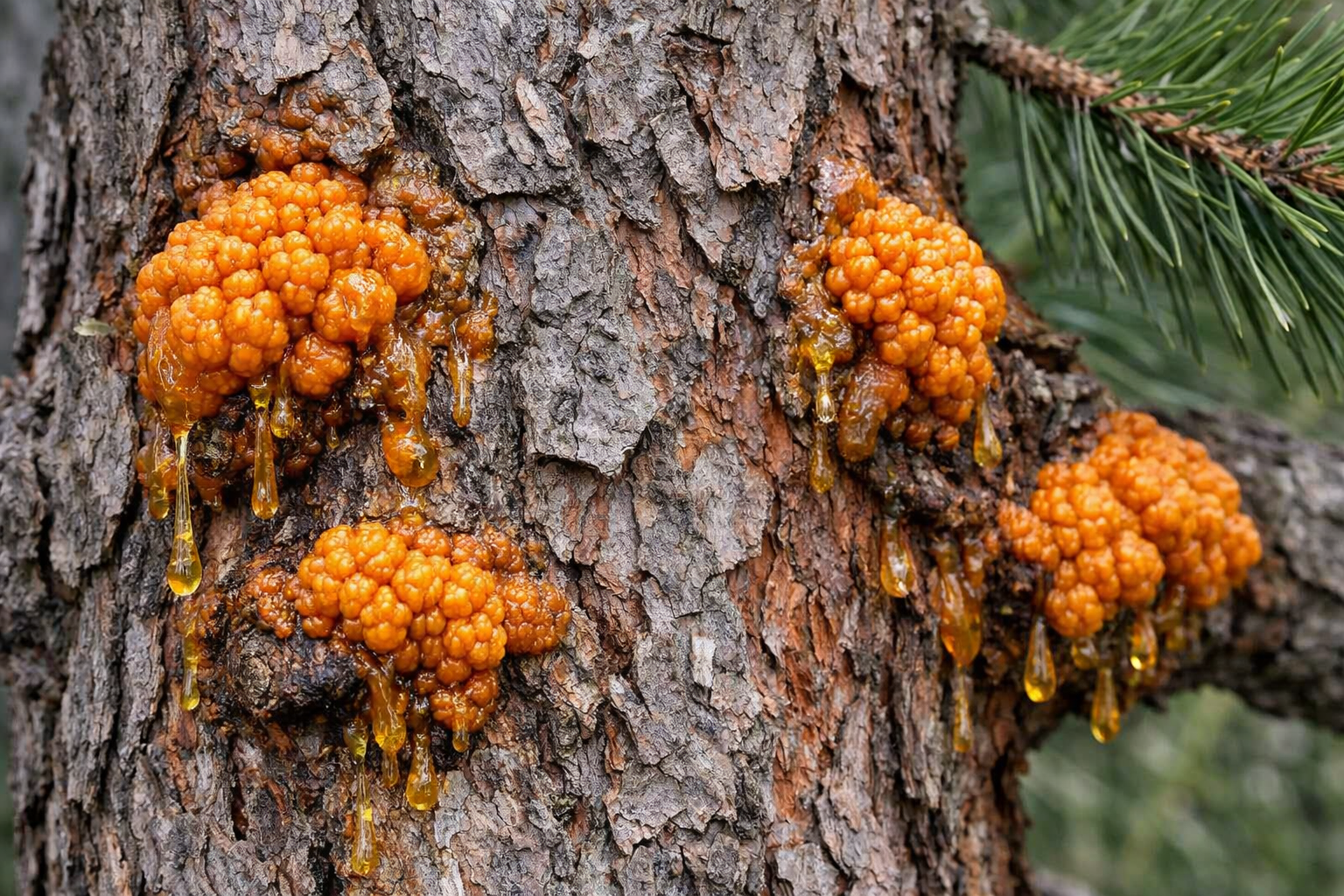 Kiefernrindenblasenrost mit orangefarbenen Rindenblasen an einer Kiefer