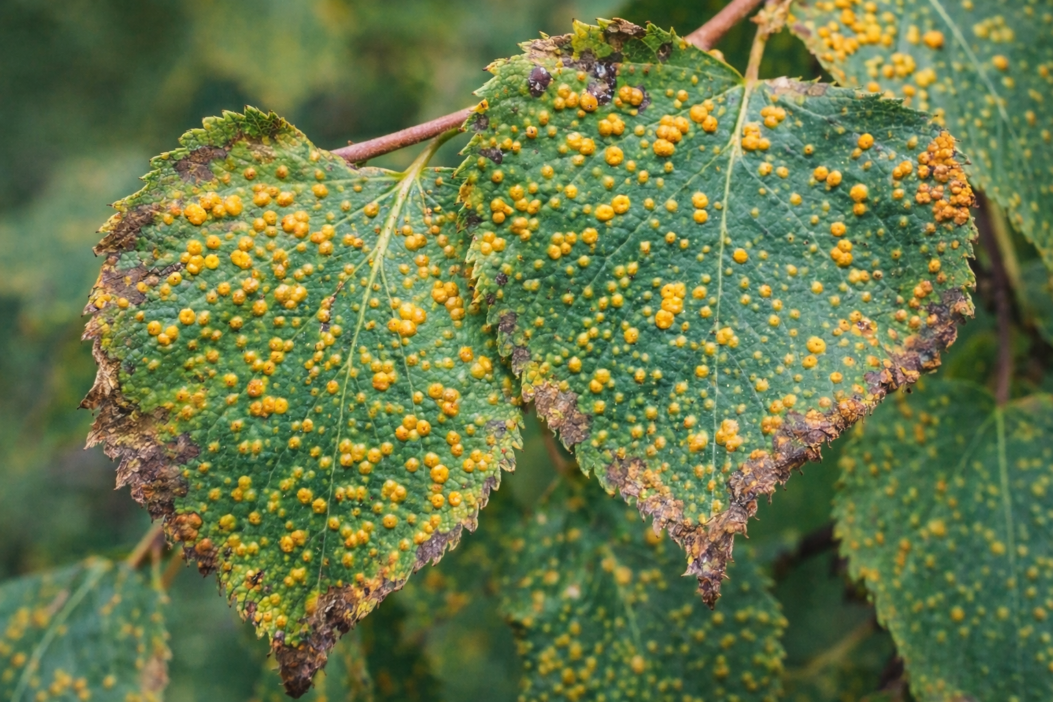 Birkenrost auf Birkenblatt mit orangefarbenen Rostpusteln (Melampsoridium betulinum)