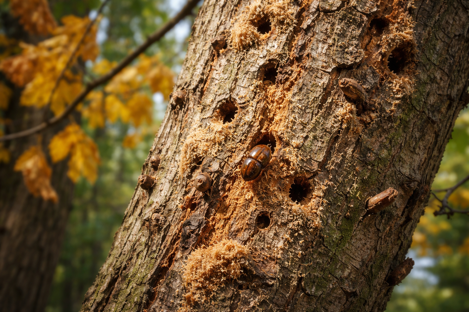 Borkenkäferbefall am Baumstamm mit Bohrlöchern und Bohrmehl als typisches Schadbild von Baumschädlingen