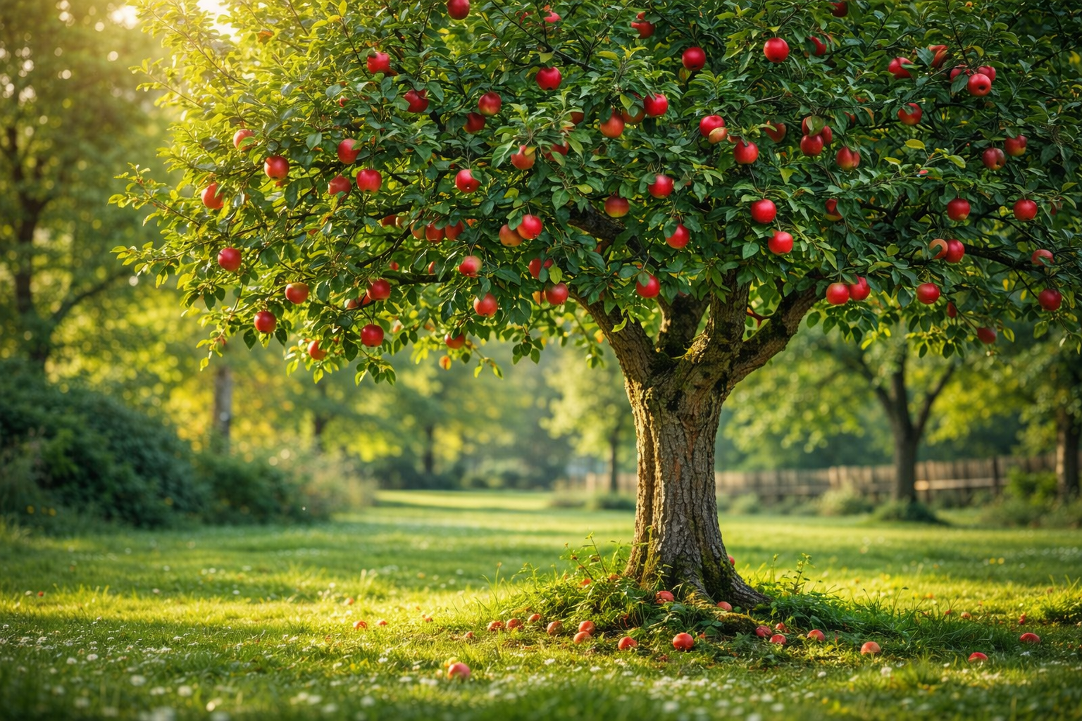Apfelbaum mit vielen roten Äpfeln auf einer Streuobstwiese im Sommer