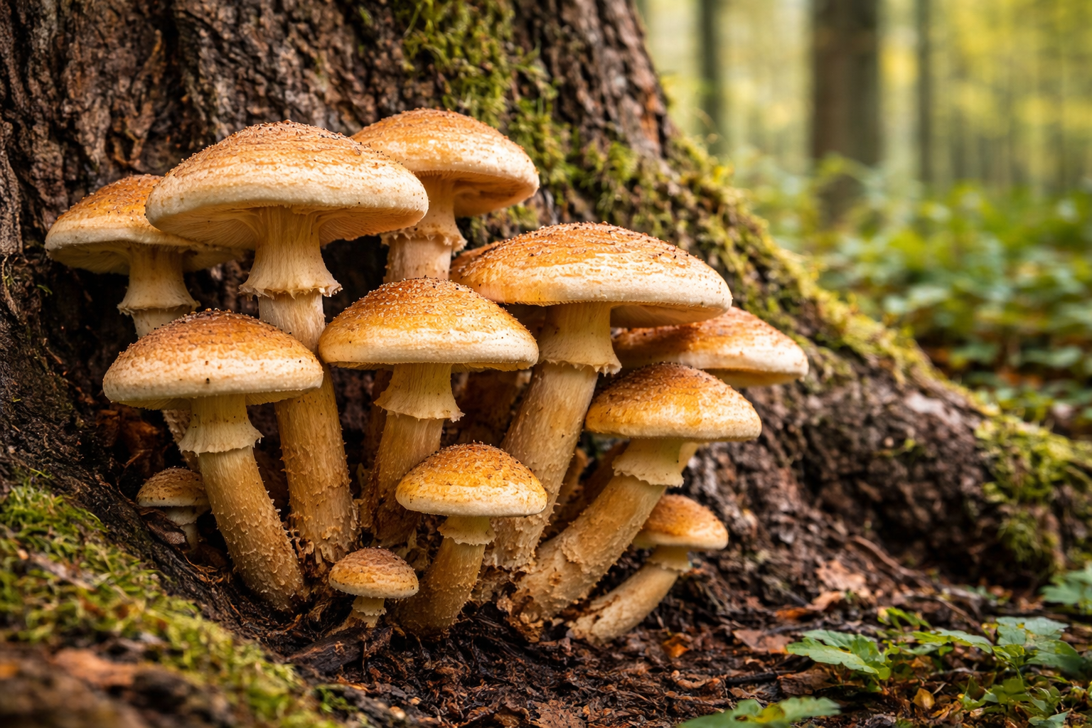 Hallimasch Pilz (Armillaria) wächst am Stamm eines Baumes