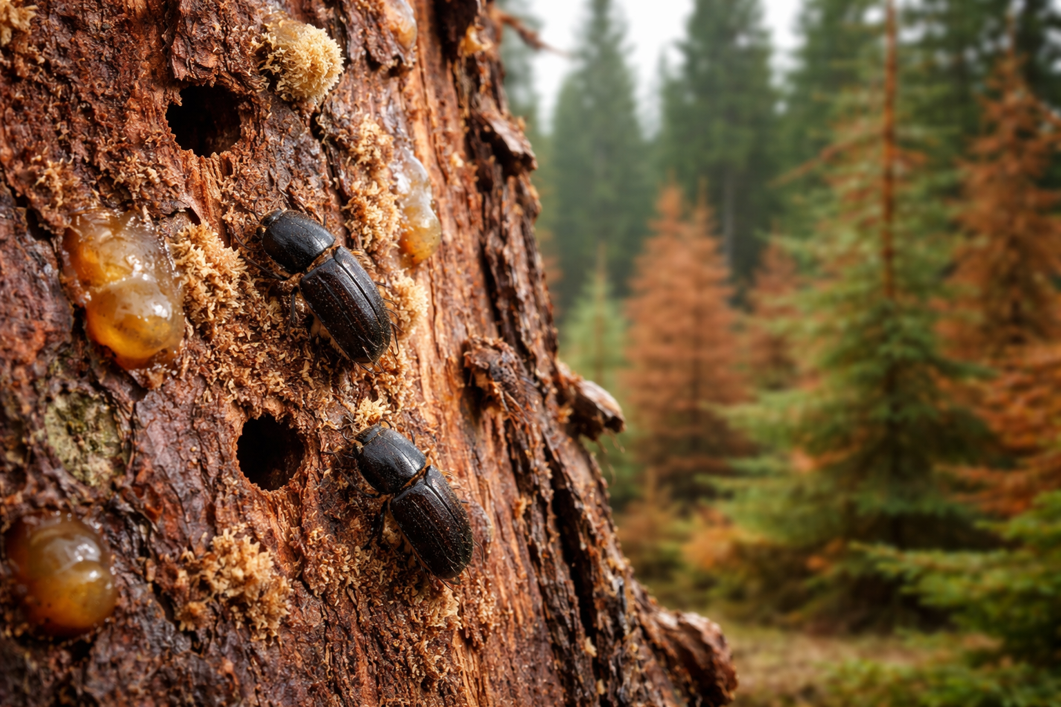 Buchdrucker Befall an einer Fichte mit Bohrmehl und Nadelverfärbung