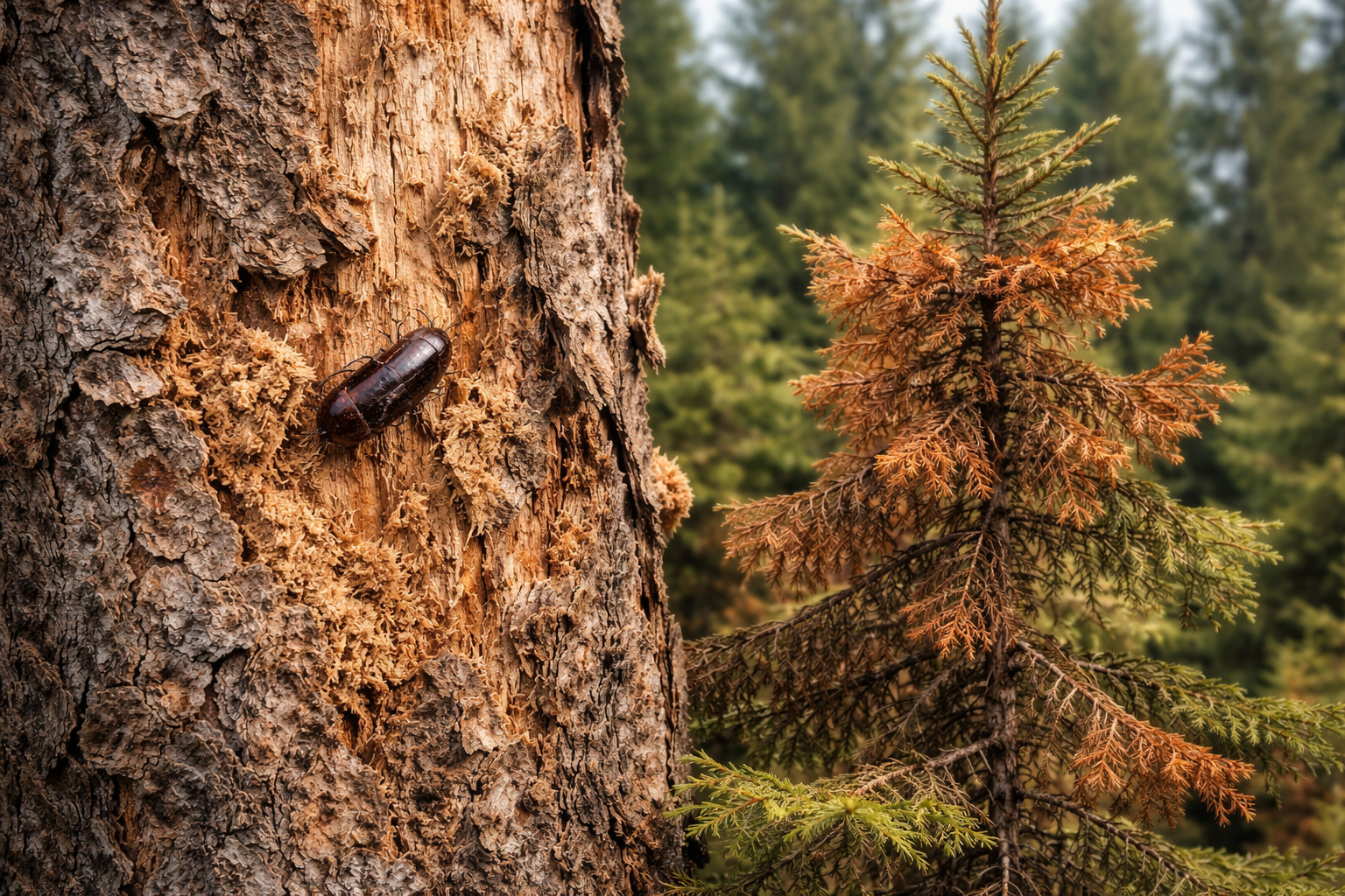 Kupferstecher Befall an einer Fichte mit Bohrmehl und absterbenden Nadeln im Kronenbereich
