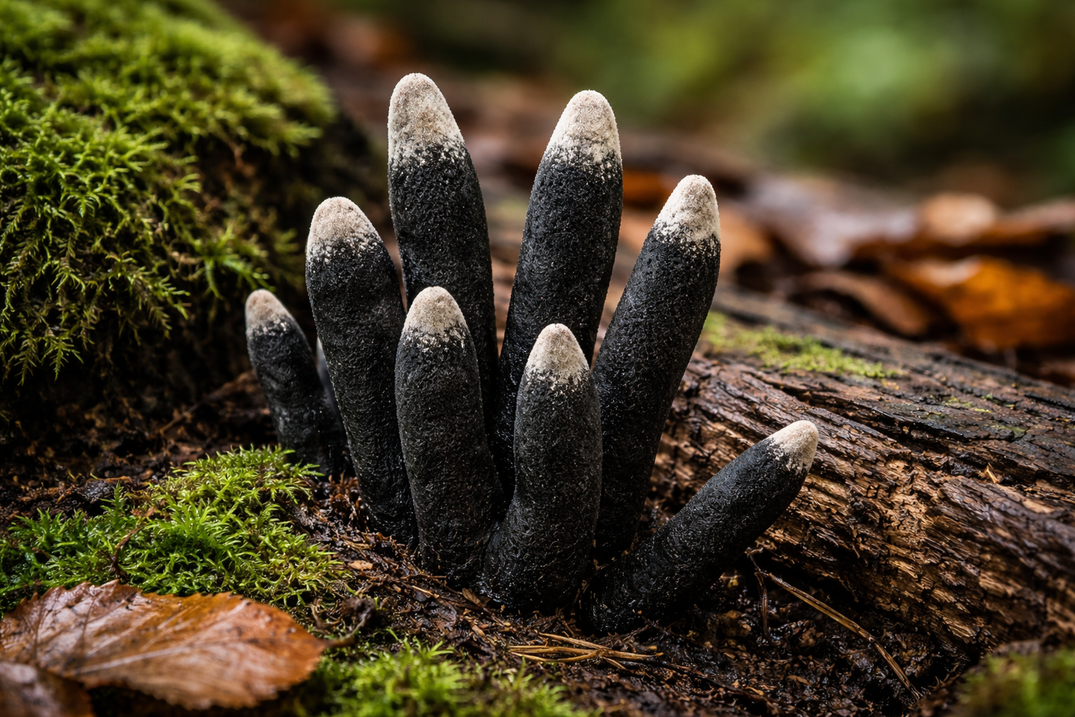 Totenmannshände Pilz (Xylaria polymorpha) wächst auf abgestorbenem Buchenstumpf im Wald