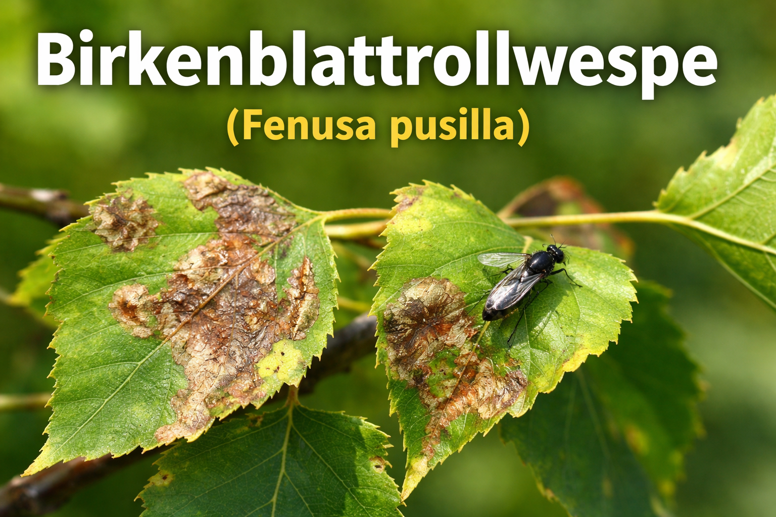 Schäden durch Birkenblattrollwespe an Birkenblättern mit Fraßgängen