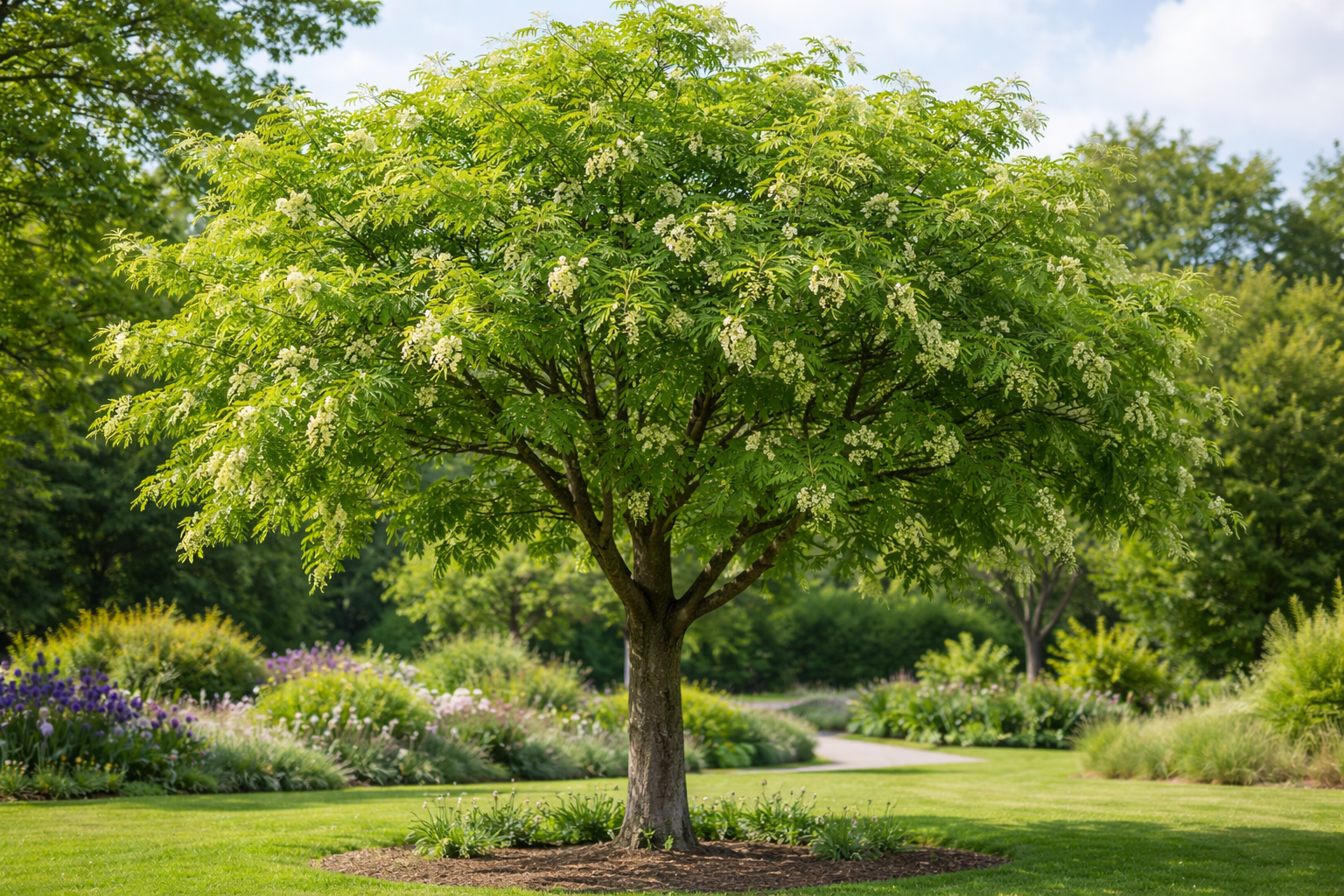 Robinie (Robinia pseudoacacia) mit lockerer Krone und weißen Blüten in einem Garten