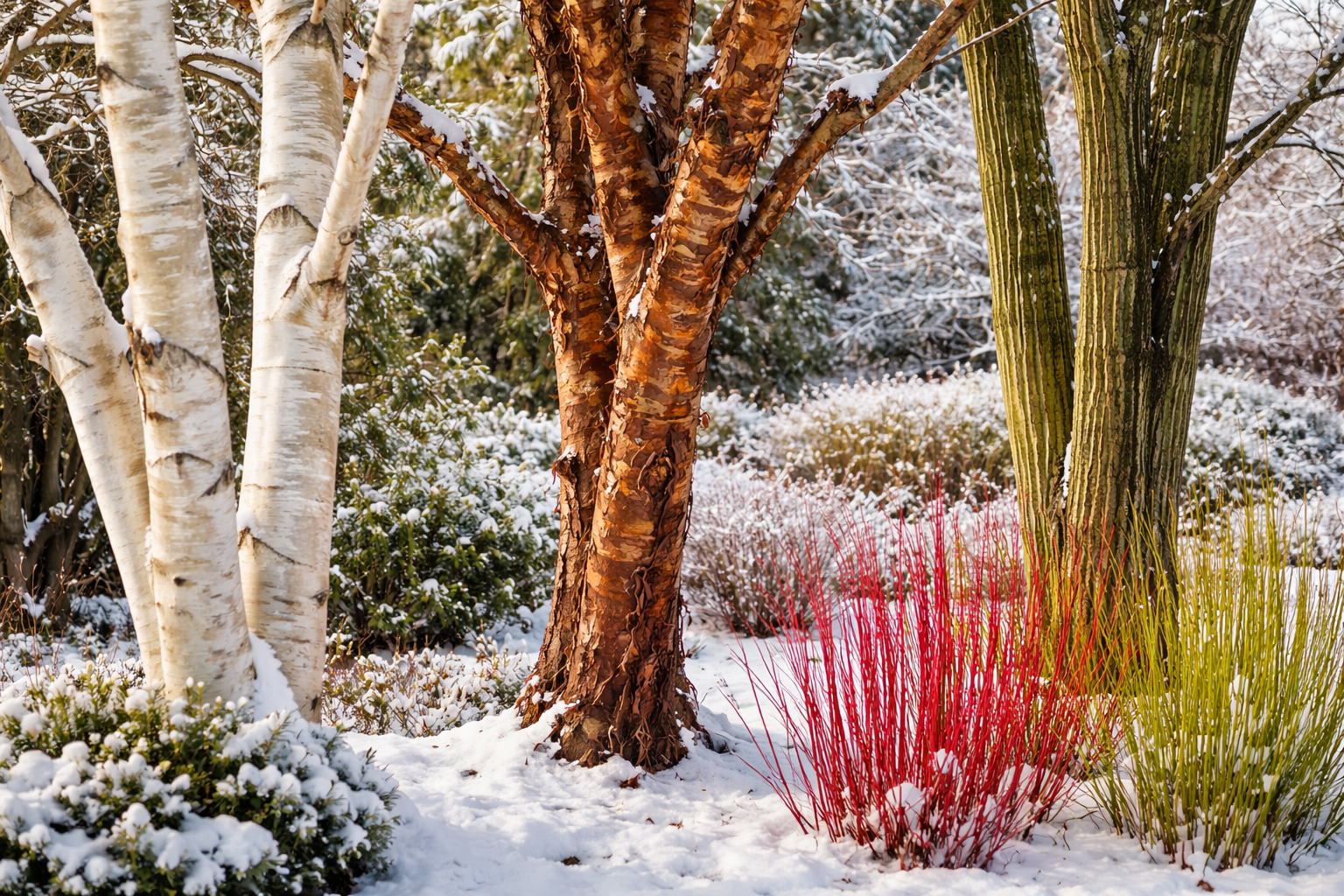 Bäume mit auffälliger Rinde im Wintergarten – Himalaya Birke, Zimt Ahorn und Hartriegel