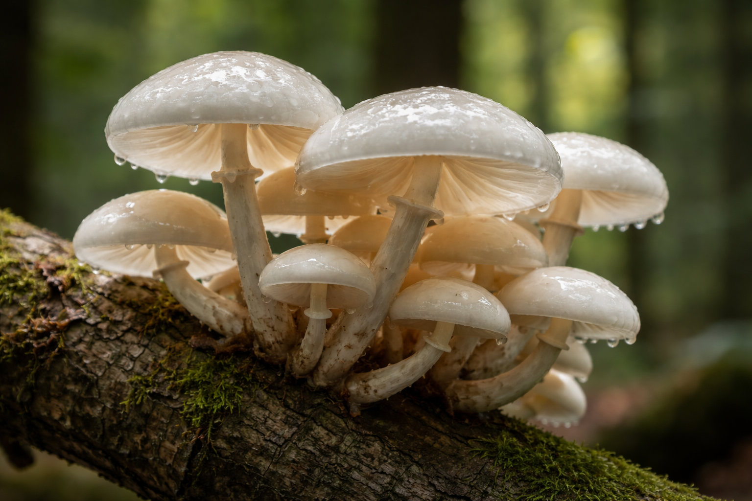 Buchen-Schleimrübling (Oudemansiella mucida) mit schleimigem weißen Hut auf einem abgestorbenen Buchenast