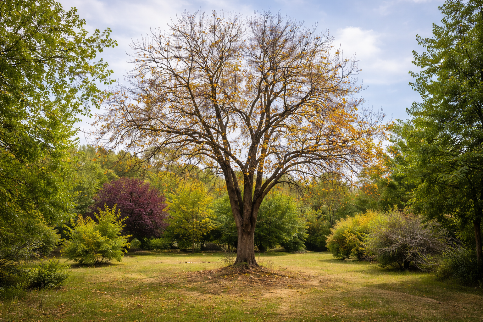Baum mit abgestorbenen Ästen und lichter Krone als typisches Zeichen für einen sterbenden Baum