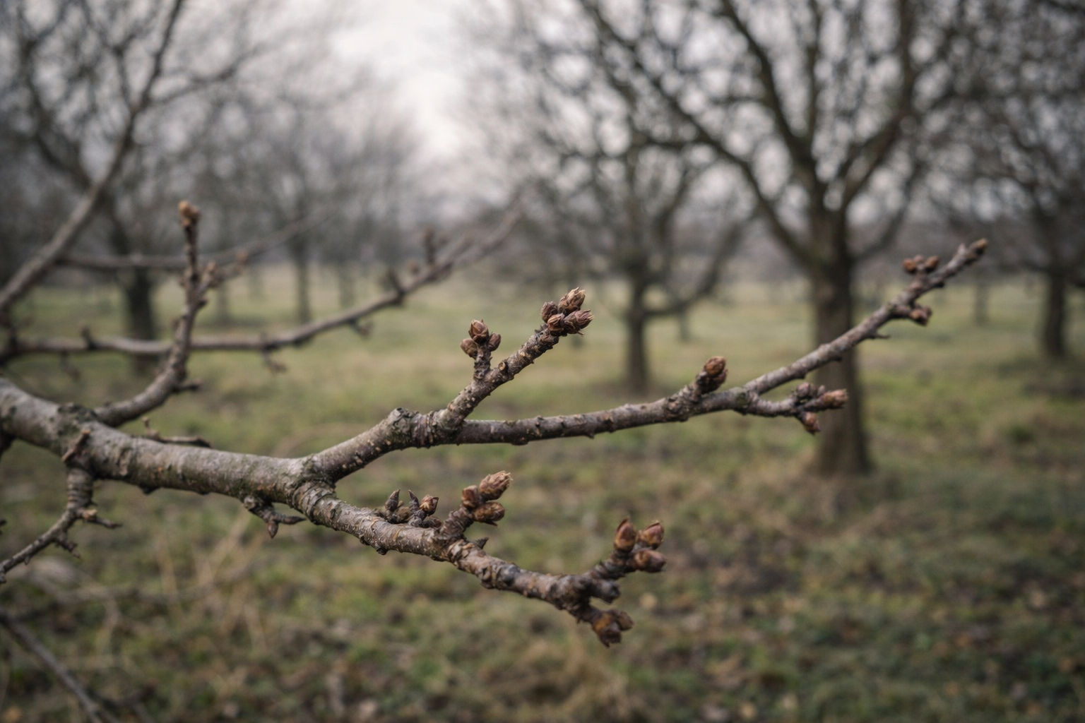 Baum treibt nicht aus im Frühjahr – Ast mit trockenen Knospen ohne Blätter