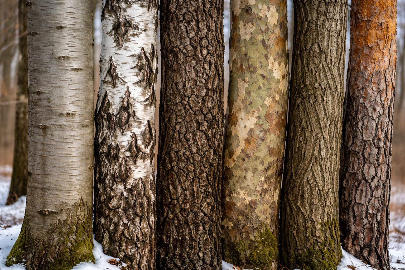verschiedene Baumrinden im Winter – Birke Buche Eiche Platane und Kiefer im Vergleich